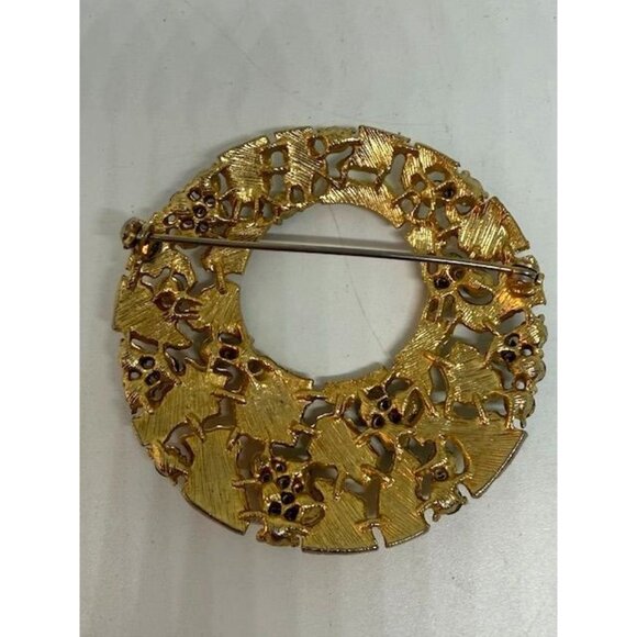 Vintage Unsigned Gold Tone Blue Rhinestone Round Brooch - Picture 6 of 6